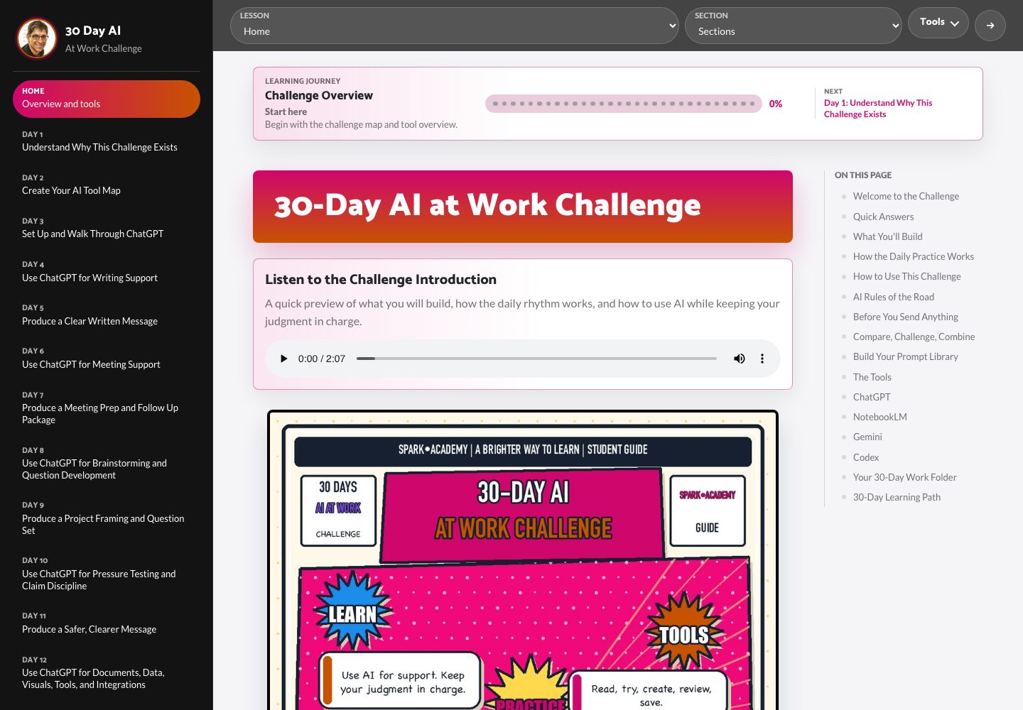 30 Day AI at Work Challenge microsite desktop screenshot with lesson dashboard