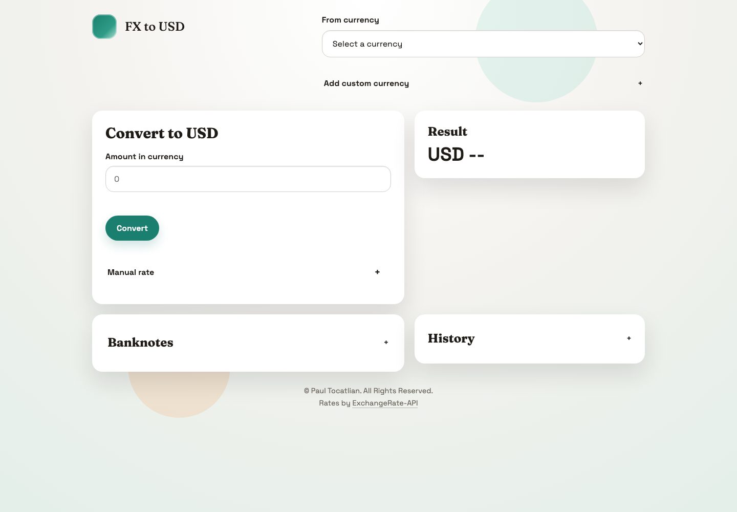 FX2USD currency exchange app desktop screenshot showing converter, banknotes, and exchange log