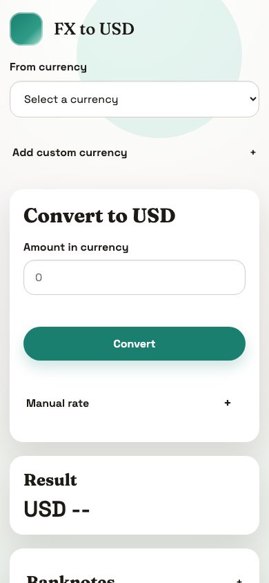 FX2USD currency exchange app mobile screenshot showing USD conversion controls