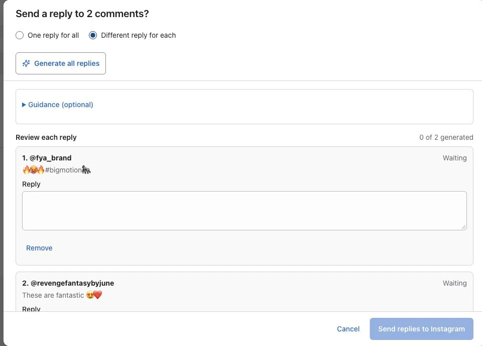 Instaply batch review with a different editable reply for each of two selected recipients
