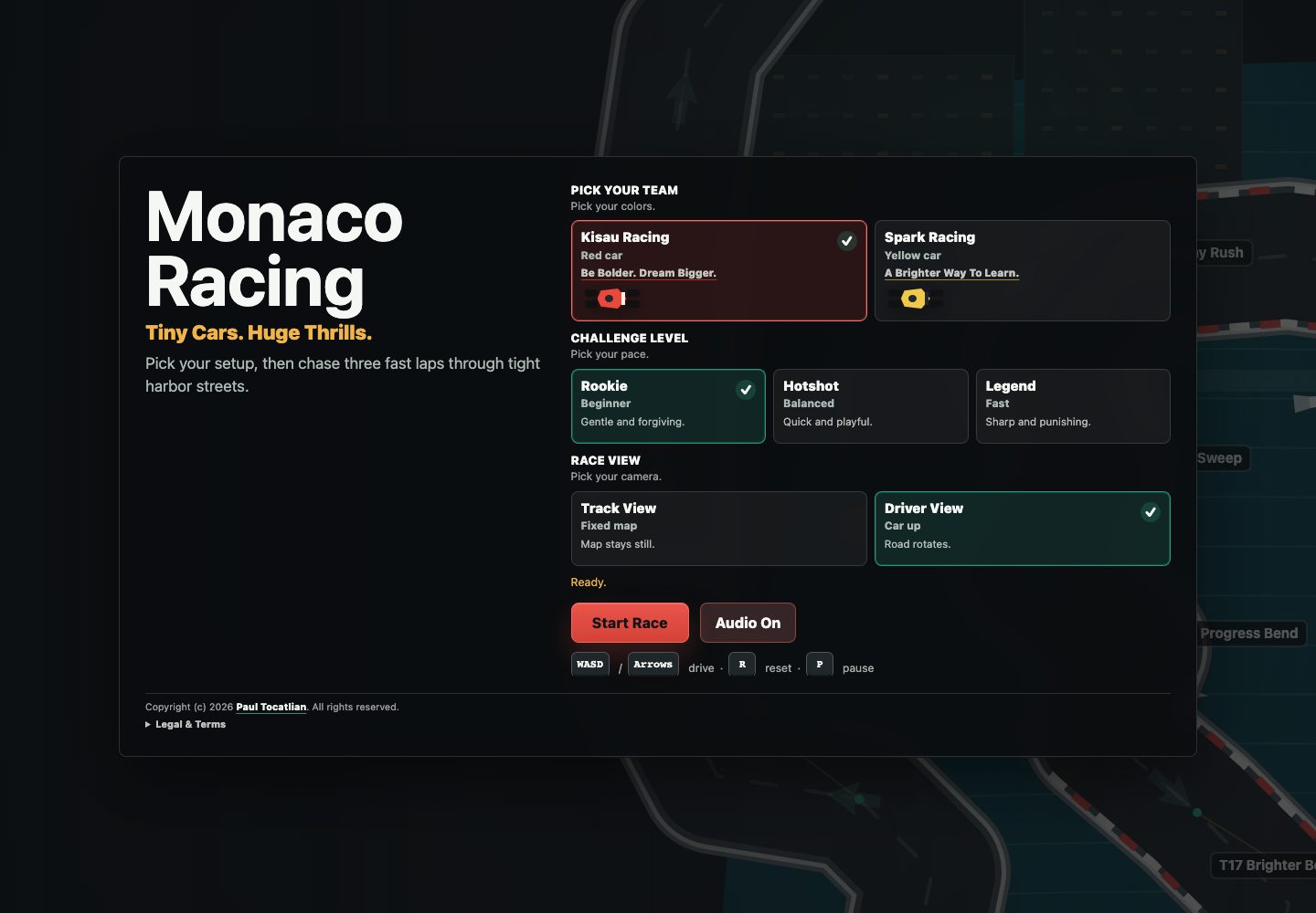 Monaco Racing browser game desktop screenshot with racing controls and dashboard