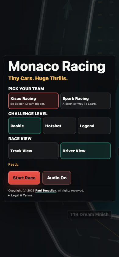 Monaco Racing browser game mobile screenshot with racing controls and status cards