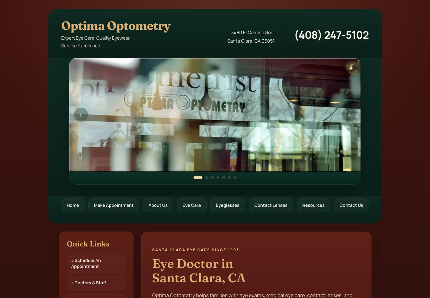 Optima Optometry Santa Clara website desktop screenshot with appointment and eye care sections