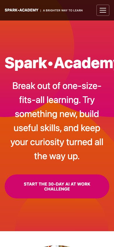Spark Academy continuous learning website mobile screenshot for curiosity and skills