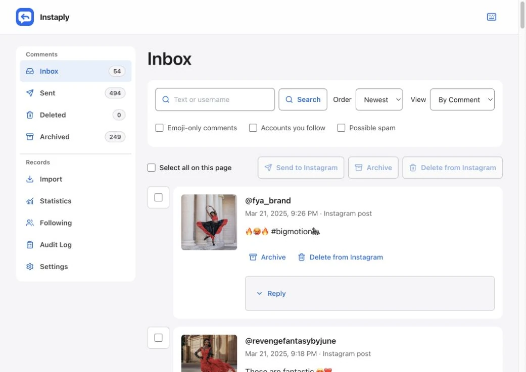 Instaply Inbox showing comment search, filters, post thumbnails, drafts, and reply controls.